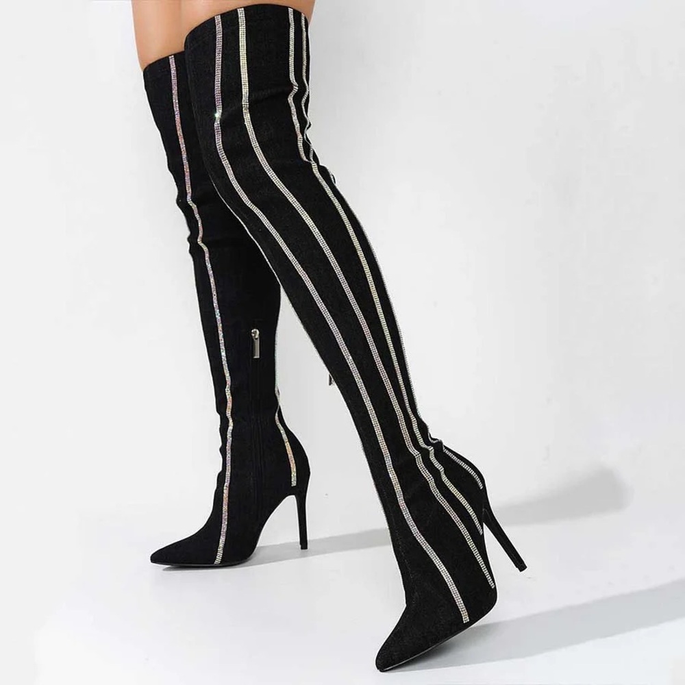 Cape Robbin🔥Black Stiletto Heel Rhinestone Striped Thigh Denim Boots for Women